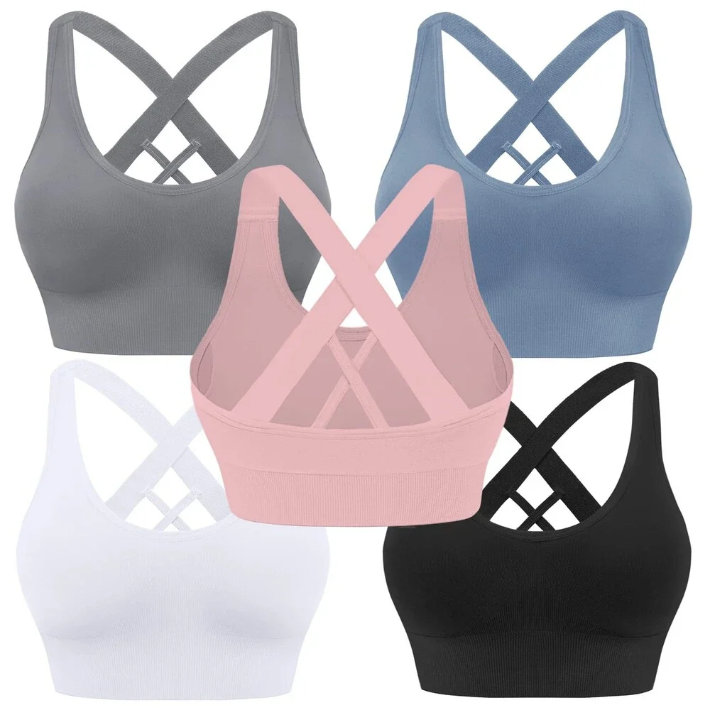 Evercute Women's Sports Bra Padded Support Criss Cross Strappy Bras 5PK-M